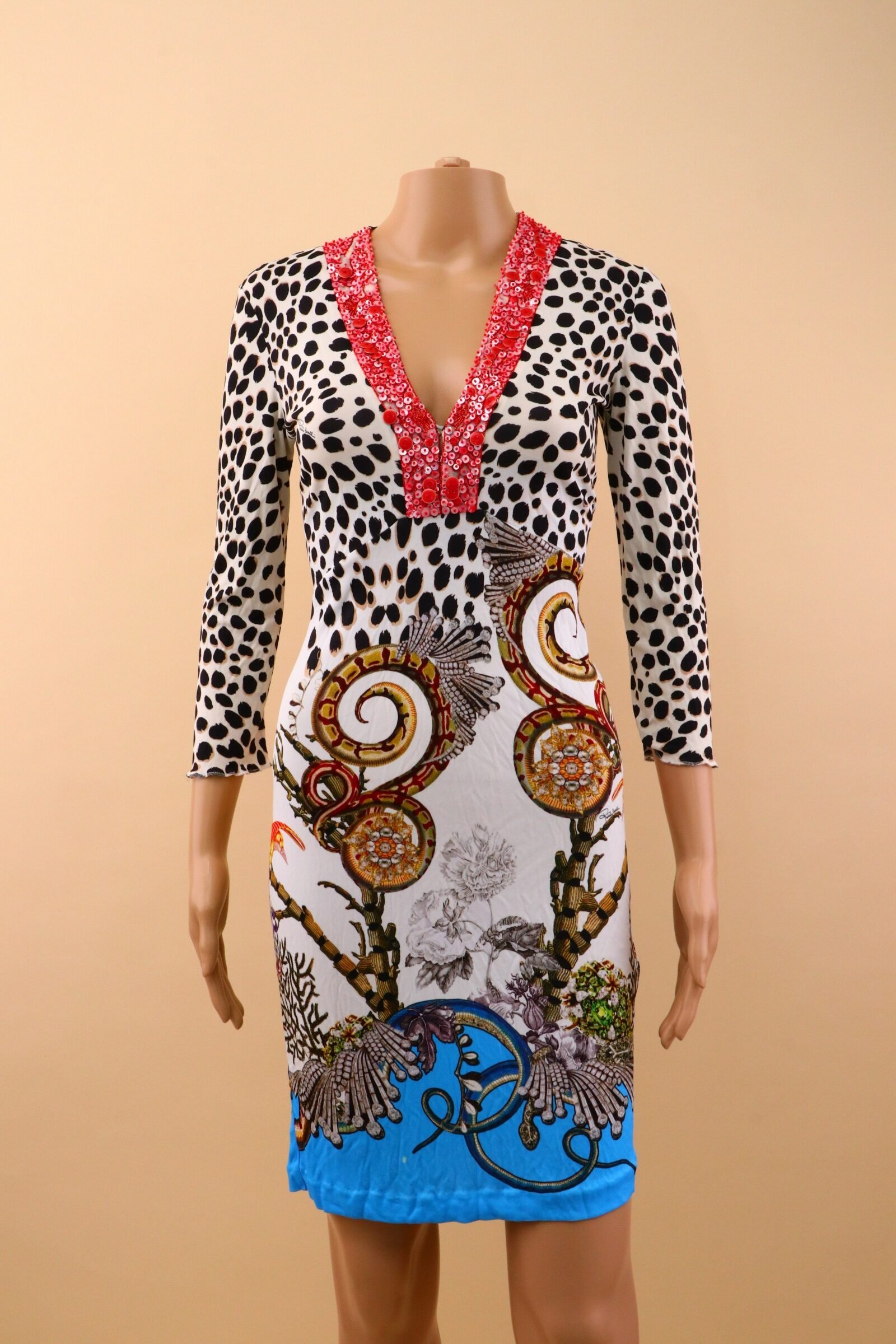 IMG_7330 Roberto Cavalli Embellished Printed Dress – IT 42 - Image 1