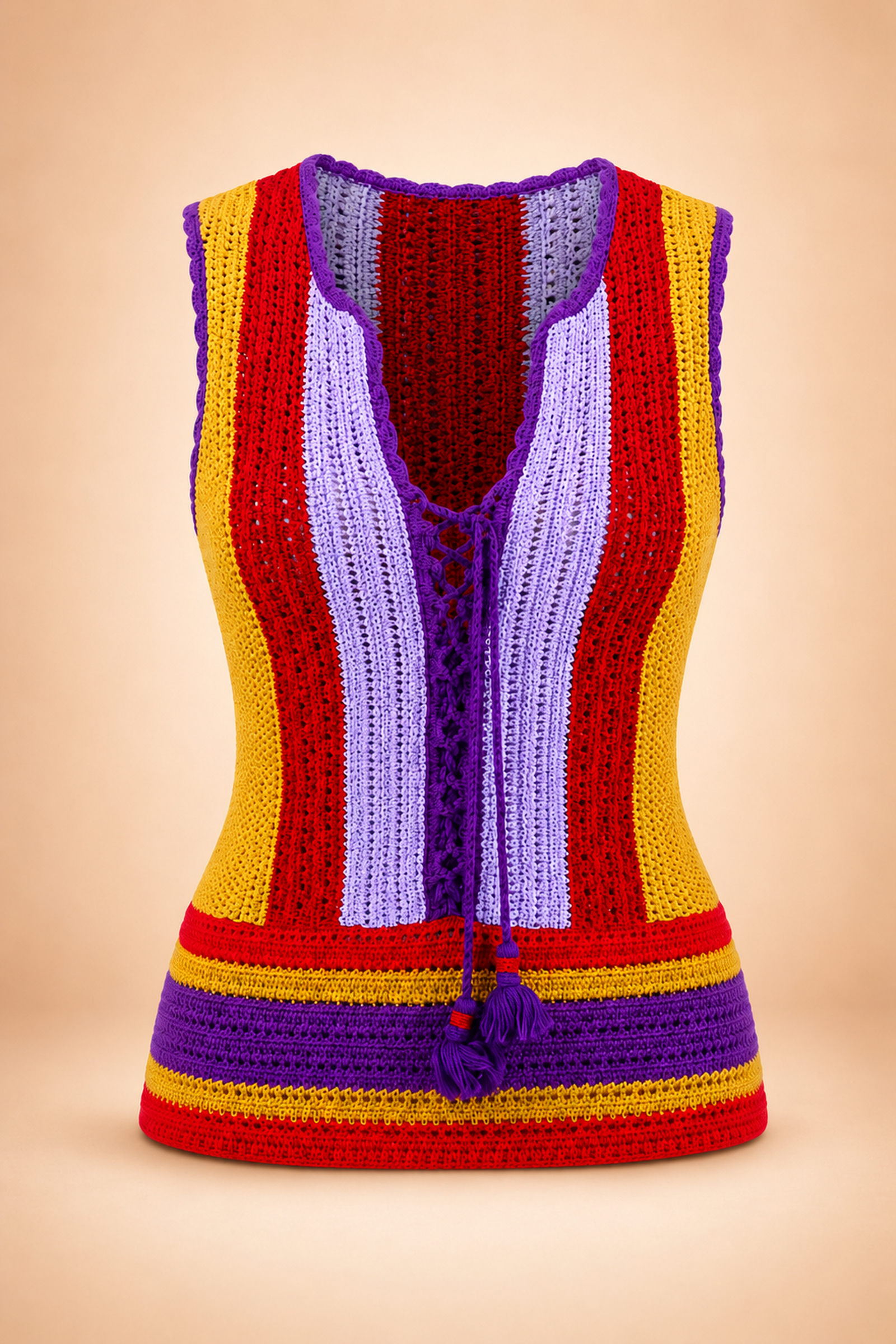 Luxuryrevive_crochet_top_peach_1600x2400 Roberto Cavalli multicoloured crochet lace-up top – IT 42 - Image 1
