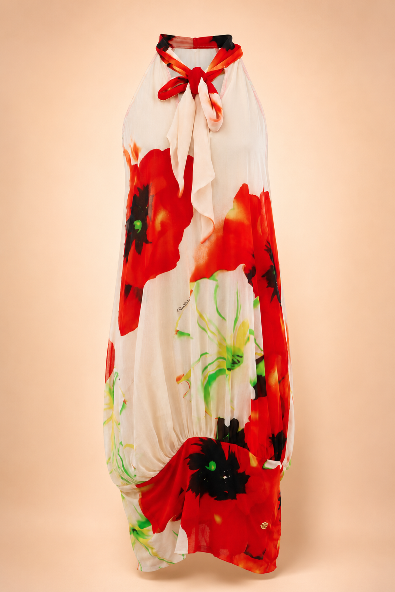 Luxuryrevive_red_floral_halter_dress_peach_1600x2400 Roberto Cavalli poppy-print asymmetric halterneck dress – XL - Image 1