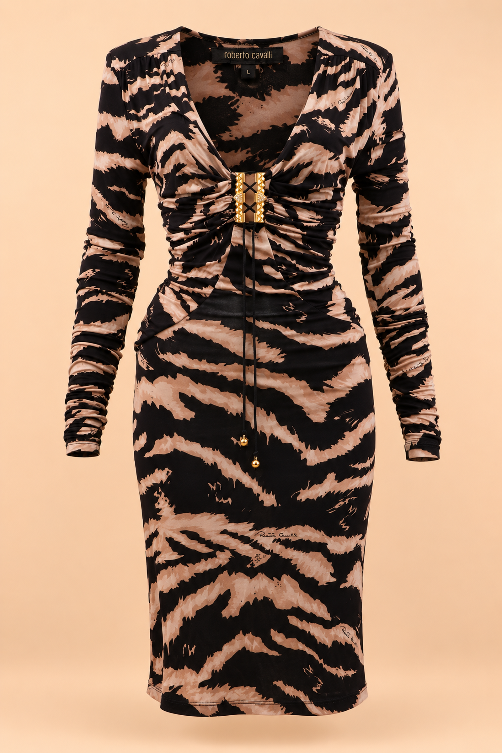 luxuryrevive-vintage-roberto-cavalli-animal-print-ruched-bodycon-dress-closed-back-v2-1600x2400 Rare Vintage Roberto Cavalli Tiger-Print Dress - L - Image 1